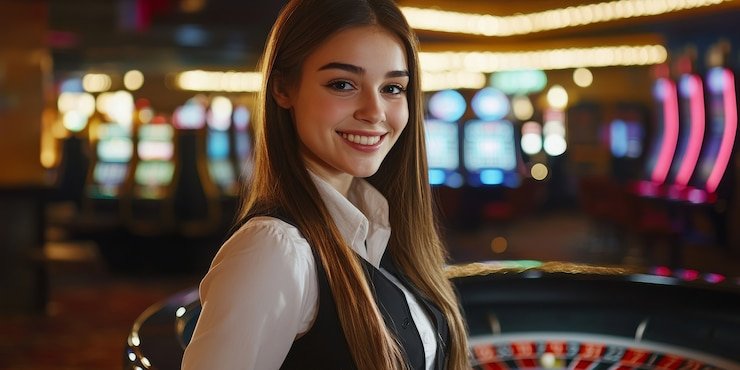 Tampilan layar live blackjack di studio bioshock dengan dealer profesional dan pemain di sekitar meja